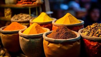 AI generated Multi colored spices in a row, selling Indian culture vibrant flavors generated by AI photo