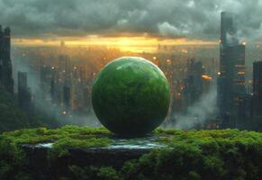 ai generado verde globo en el pico de el colina. verde pelota en un borde con un paisaje urbano foto