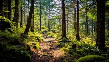 ai generado tranquilo escena de verde paisaje, árbol, y montaña en naturaleza generado por ai foto