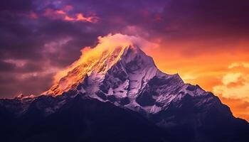 ai generado majestuoso montaña cima, nieve tapado, debajo dramático otoño cielo generado por ai foto