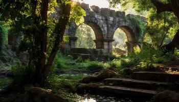 AI generated Ancient stone bridge connects history and nature in mysterious forest generated by AI photo