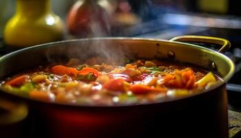 AI generated Fresh vegetable stew cooking on stove in homemade kitchen generated by AI photo