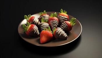 AI generated Fresh strawberry dessert on green plate, chocolate dipped with mint leaf generated by AI photo