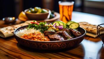 AI generated Grilled beef steak on wooden plate, fresh vegetable salad generated by AI photo