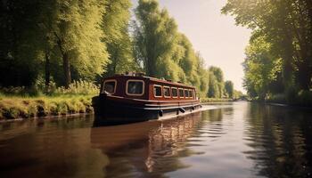 AI generated Men sailing on a barge, surrounded by tranquil autumn beauty generated by AI photo