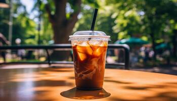 AI generated Refreshing summer drink on wooden table, enjoying outdoors under sunlight generated by AI photo