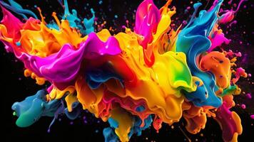 AI generated Colored paint splashes isolated on black background. 3d rendering, Colorful paint splashes and blots on black background, AI Generated video