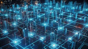 AI generated Circuit board with glowing dots and lines. Technology concept. 3D Rendering, Big data flow in cyber blockchain fields with blue network system, AI Generated video