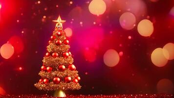 AI generated Christmas tree on red bokeh background. 3D illustration, Christmas Tree With Ornament And Bokeh Lights In Red Background, AI Generated video