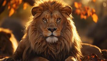 AI generated Majestic lion in the wild, sunset, fierce gaze, beautiful nature generated by AI photo