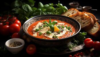 AI generated Fresh vegetarian soup with healthy tomato, bread, and parsley garnish generated by AI photo