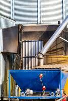 Loading a wagon with grain crops in elevator in agriculture zone. Grain silo, warehouse or depository is an important part of harvesting. photo