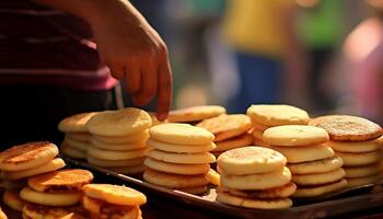 AI generated Grilled burger, homemade cookie, refreshing drink perfect summer feast generated by AI photo