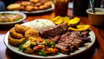 ai generado A la parrilla carne de vaca filete con Fresco verduras, cocido a perfección generado por ai foto