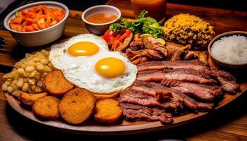 AI generated Grilled pork steak with fresh vegetables on rustic wooden plate generated by AI photo