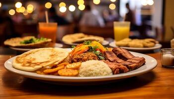 ai generado recién A la parrilla carne en un de madera mesa, Listo a comer y delicioso generado por ai foto