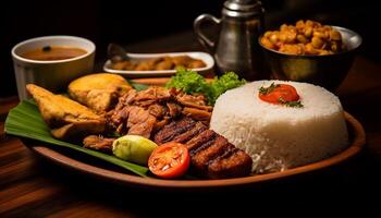 AI generated Grilled meat, fresh salad, cooked vegetables on wooden plate generated by AI photo