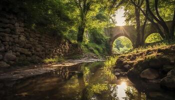 ai generado tranquilo bosque, antiguo puente, reflejando atardecer, naturaleza belleza en historia generado por ai foto