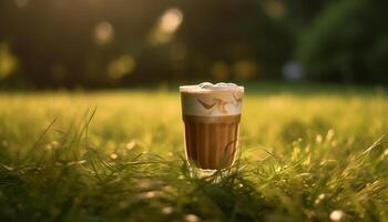 AI generated Coffee cup on table in nature, enjoying the freshness generated by AI photo