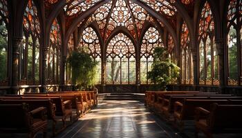 AI generated Ancient Gothic chapel with stained glass, illuminated by elegant windows generated by AI photo