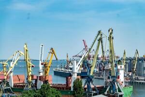 Portal port crane in the port. Logistics business. Huge cranes and containers, sunny summer day. photo