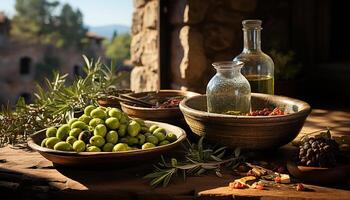 AI generated Fresh olive oil, healthy food, Mediterranean culture, rustic wood generated by AI photo