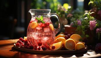 AI generated Fresh fruit cocktail on wooden table, nature healthy summer refreshment generated by AI photo