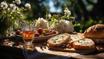 ai generado Fresco un pan y vino en un rústico picnic mesa al aire libre generado por ai foto