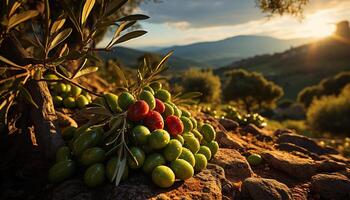 ai generado Fresco orgánico fruta, maduro uva en verde aceituna árbol rama generado por ai foto