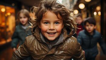 AI generated Smiling children playing outdoors, enjoying winter, creating joyful family memories generated by AI photo