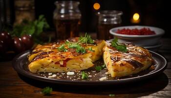 ai generado recién cocido gastrónomo comida en de madera mesa, Listo a comer y delicioso generado por ai foto