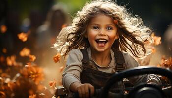 ai generado sonriente niño disfruta juguetón naturaleza, despreocupado y contento al aire libre generado por ai foto