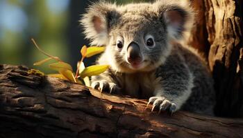 AI generated Cute koala sleeping on branch, surrounded by nature tranquility generated by AI photo