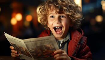 ai generado sonriente niño lectura, disfrutando al aire libre, aprendizaje con alegre adultos generado por ai foto