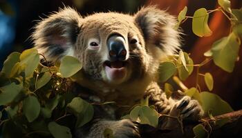 AI generated Cute koala sitting on branch, looking at camera in forest generated by AI photo