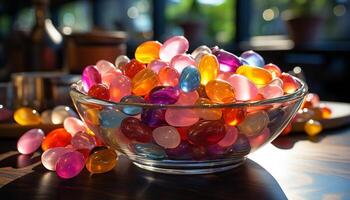 AI generated A vibrant collection of colorful candy in a glass bowl generated by AI photo