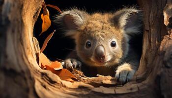 AI generated Cute koala sitting on branch, looking at camera, fluffy fur generated by AI photo