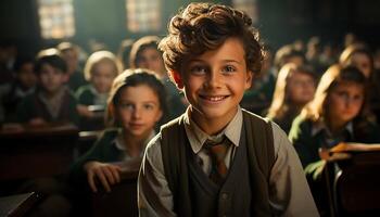 AI generated A group of cheerful children smiling, learning in a classroom generated by AI photo
