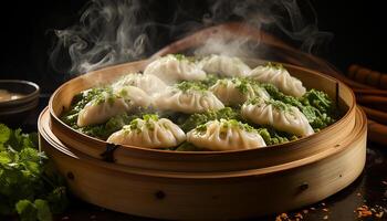 AI generated Steamed Chinese dumplings, a gourmet meal of pork and vegetables generated by AI photo