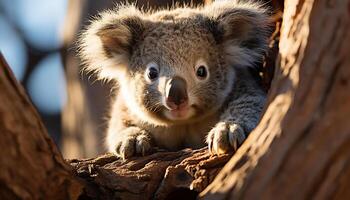 AI generated Cute koala sleeping on eucalyptus tree, alertness in nature generated by AI photo