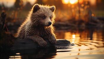 AI generated Cute puppy sitting by pond, looking at camera, fluffy fur generated by AI photo