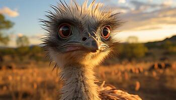 AI generated Ostrich looking at camera, cute, in Africa sunset grass generated by AI photo