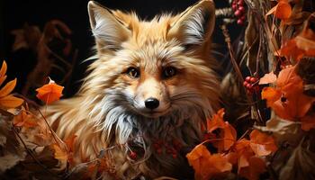 AI generated Fluffy puppy sitting in autumn forest, looking at camera generated by AI photo