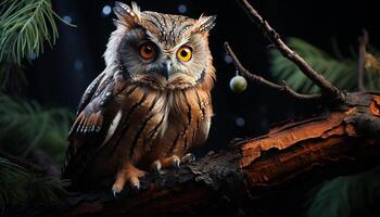 AI generated Great horned owl perching on branch, staring into the night generated by AI photo