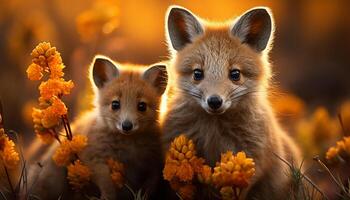 AI generated Cute red fox puppy looking at camera in grassy meadow generated by AI photo
