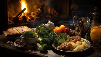 ai generado A la parrilla carne y vegetales en de madera mesa, natural y sano generado por ai foto