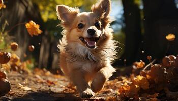 AI generated Cute puppy playing in the autumn forest, purebred and small generated by AI photo