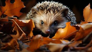 AI generated Cute hedgehog in autumn forest, looking at yellow leaf generated by AI photo