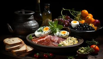 AI generated Freshness of gourmet meal on rustic wood table healthy eating generated by AI photo