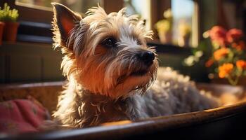 AI generated Cute puppy sitting outdoors, looking at camera, enjoying nature generated by AI photo